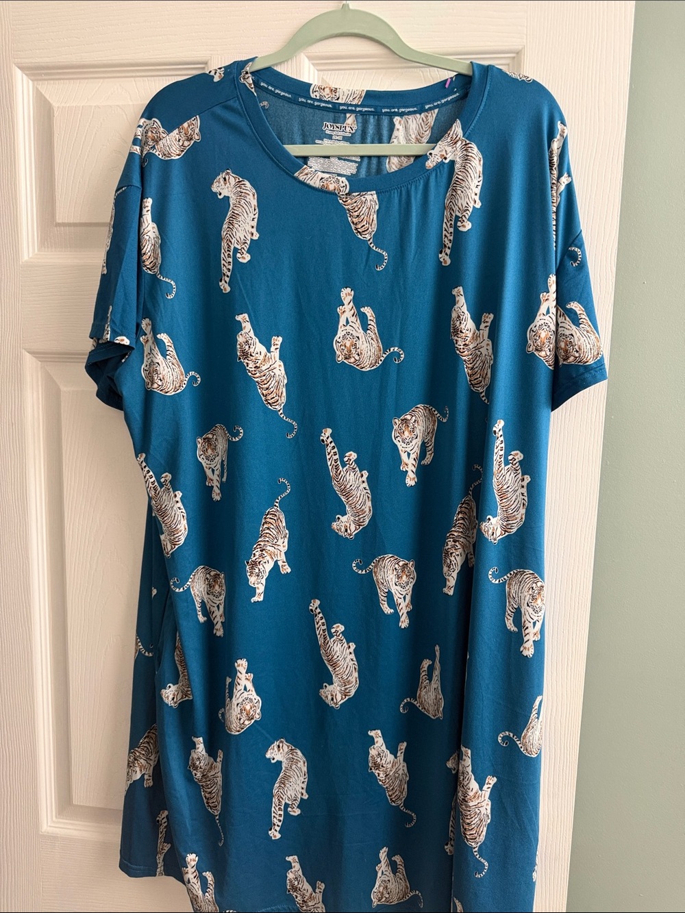 Teal Blue Short Sleeve Tunic with Tiger Print